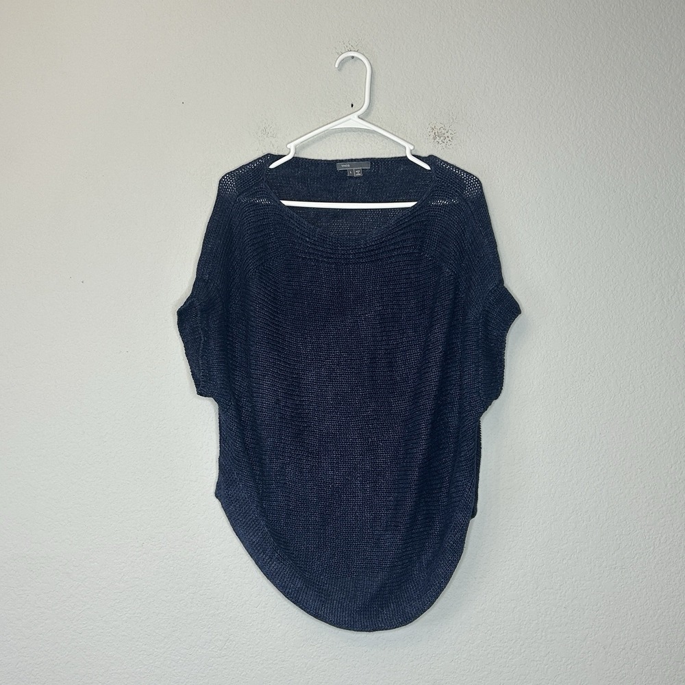 Vince Open Knit Short Sleeve Linen Pullover Sweater Women's L Navy Blue Solid